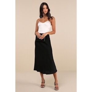 Lulus Sleek Proposition Black Satin Bow Midi Skirt - Size XL